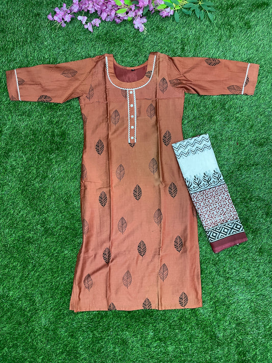 Cotton Kurti with Printed Dupatta – Rust Brown Elegance