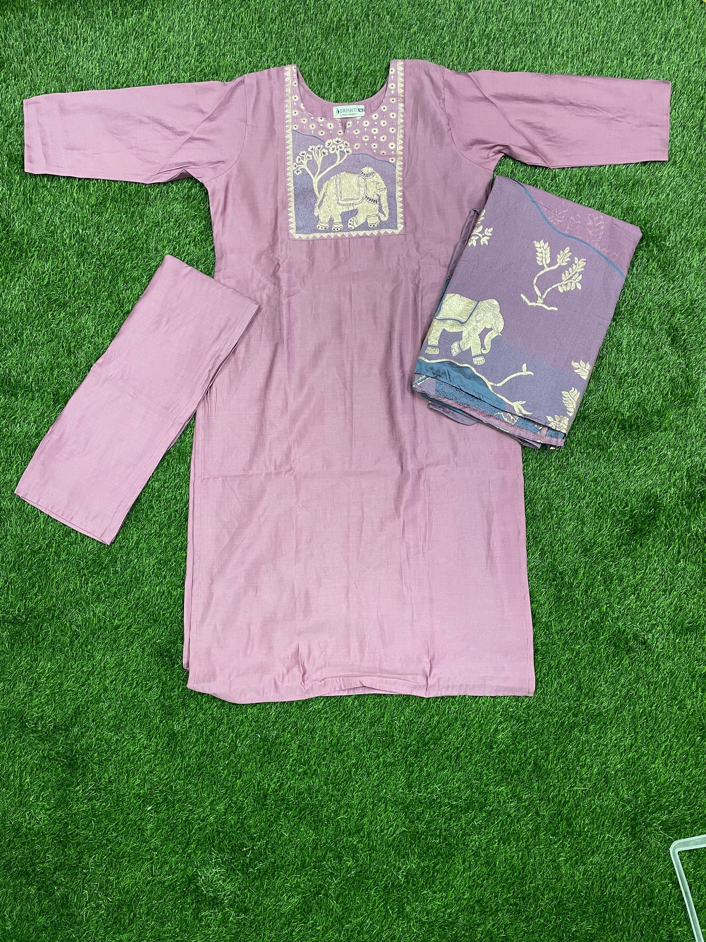 Mauve Kurta Set with Traditional Elephant Print