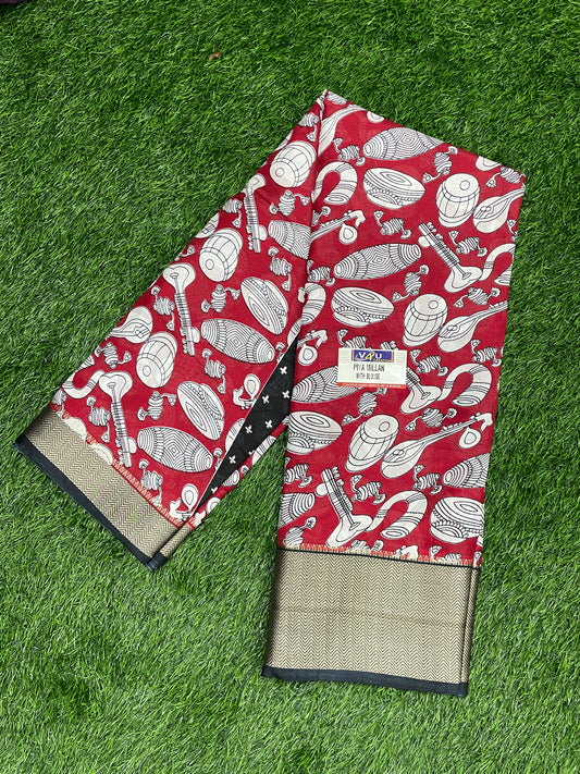 Maroon Cotton Saree with Musical Instrument Prints