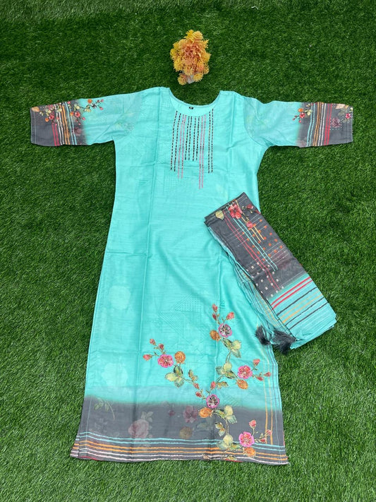 Silk Blend Floral Printed Kurti with Dupatta