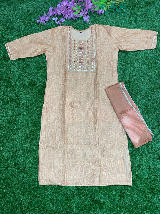 Beige Embroidered Kurti Set with Brown Dupatta