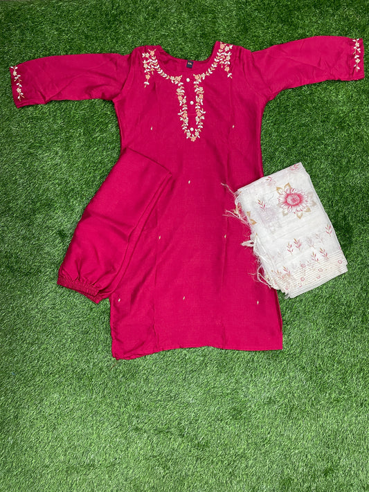 Elegant Red Embroidered Vichitra Silk Kurti Set with Dupatta