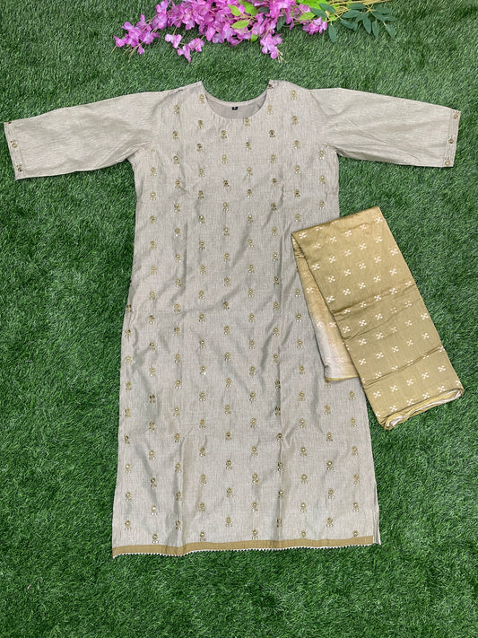 Grey Embroidered Kurti Set with Beige Dupatta