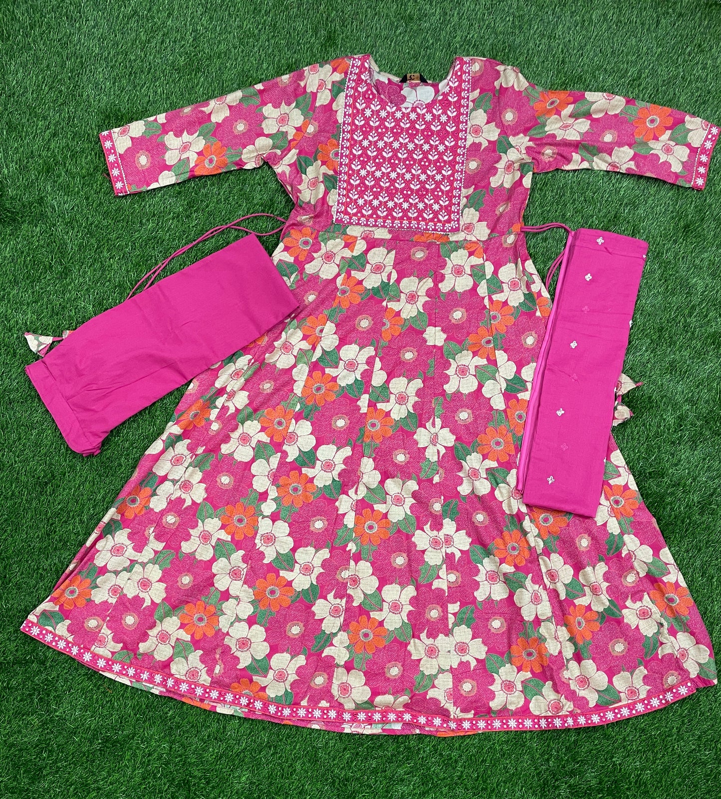Pink Floral Pure Cotton 3-Piece Suit Set with Embroidered Yoke