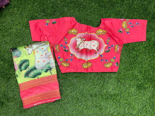 Handcrafted Cow Motif Saree with Matching Designer Blouse – Festive Wear