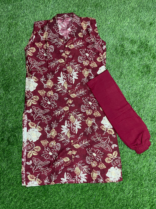 Maroon Floral Cotton Coord Set (Top & Pant)