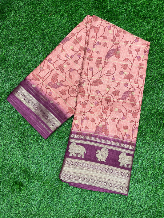 Peach & Purple Woven Cotton Silk Saree with Temple Border