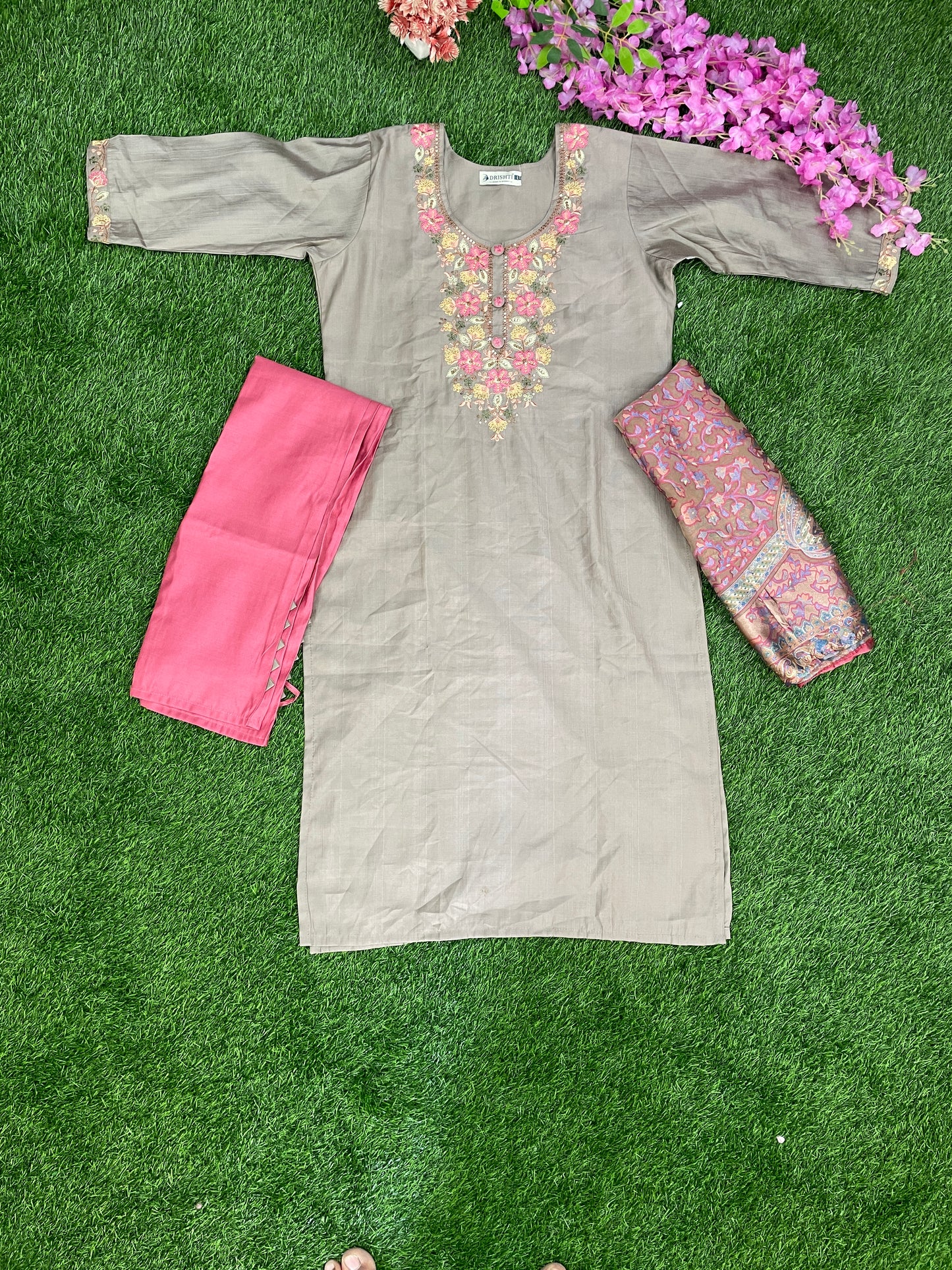 Elegant Roman Silk Kurti Set with Viscose Dupatta – Grey & Pink