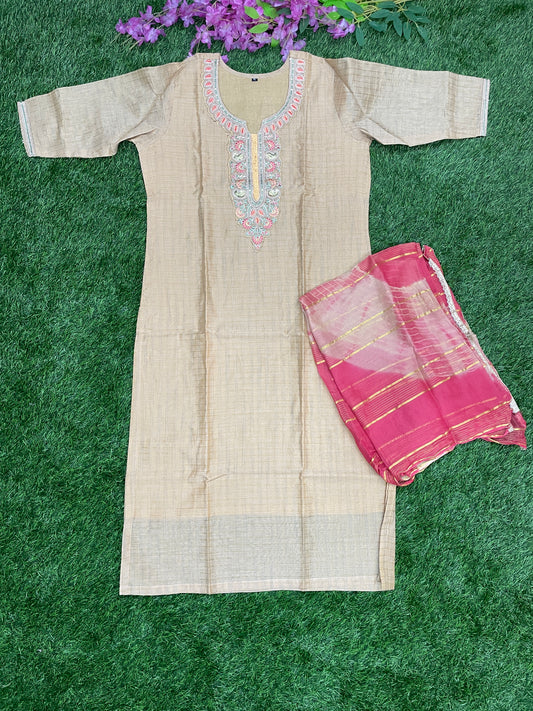Beige Embroidered Kurti with Pink Dupatta – Festive Elegance