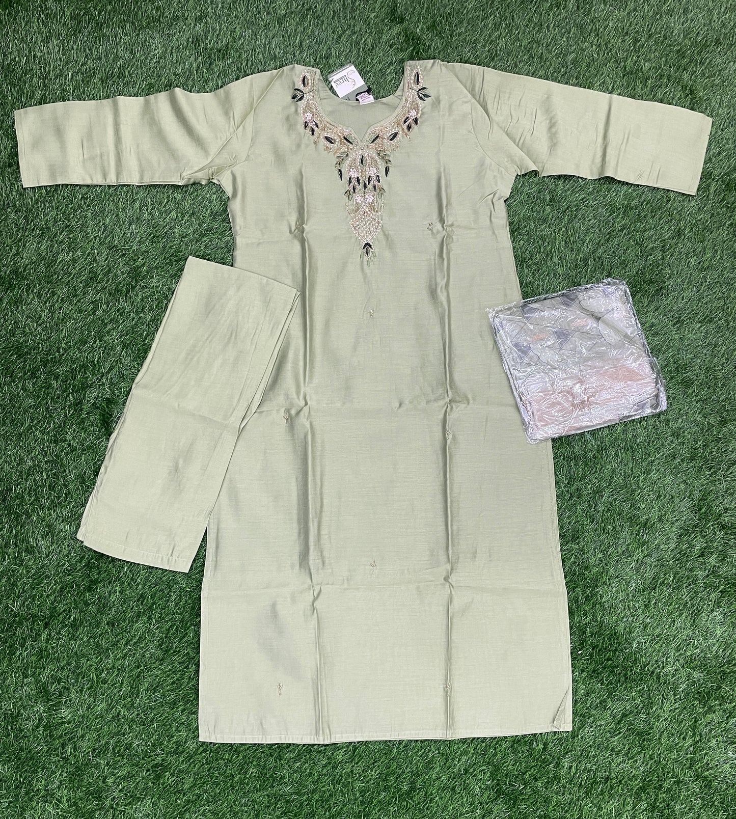 Premium Silk Kurti Set with Embroidered Neck