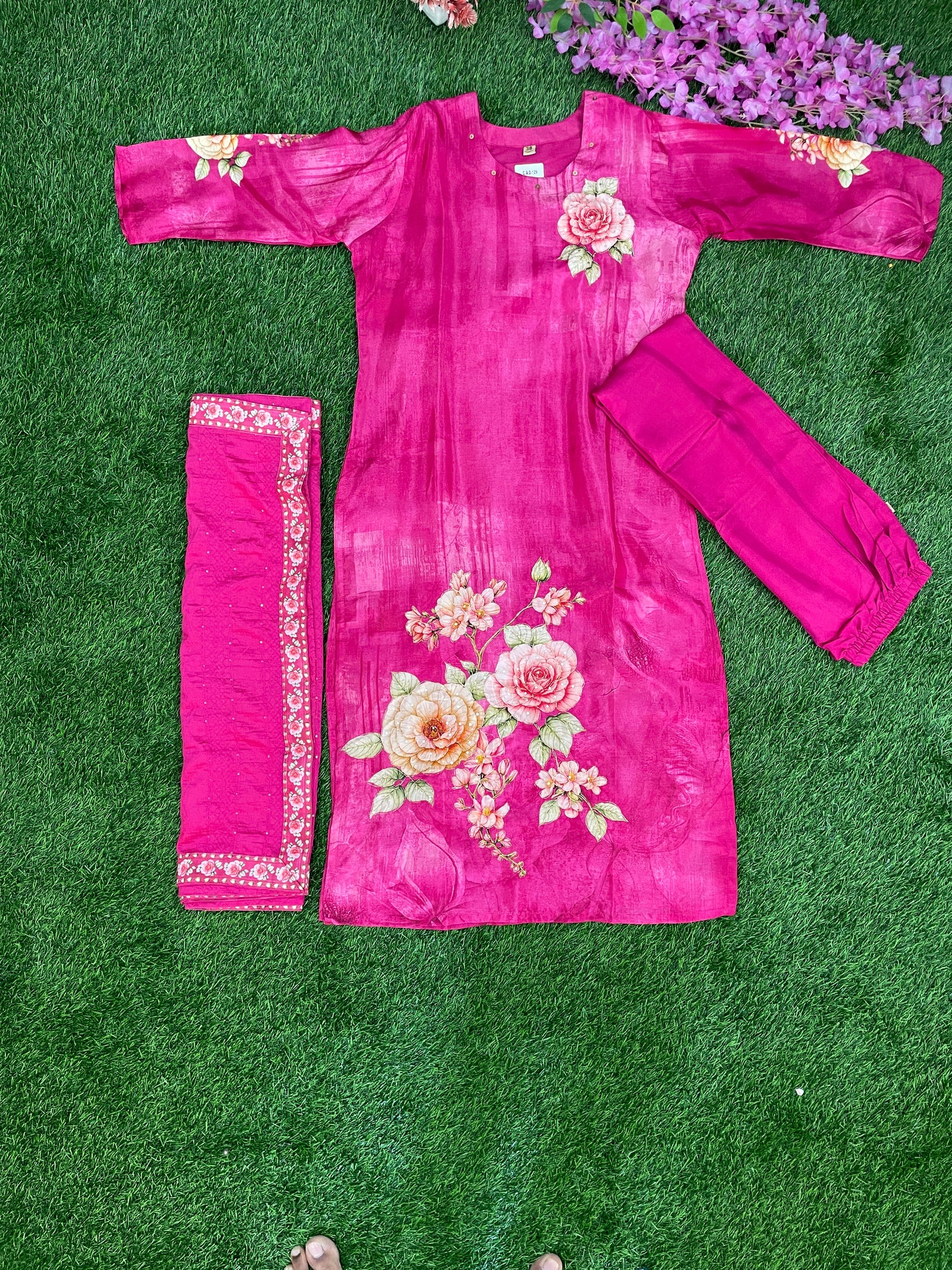 Premium Malbari Silk 3-Piece Party Wear Set – Fuchsia Pink Floral