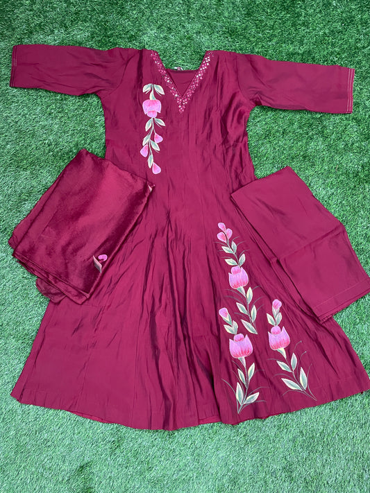Maroon Embroidered 3-Piece Suit Set