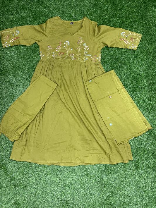 Green Mul Mul Cotton Embroidered Suit Set