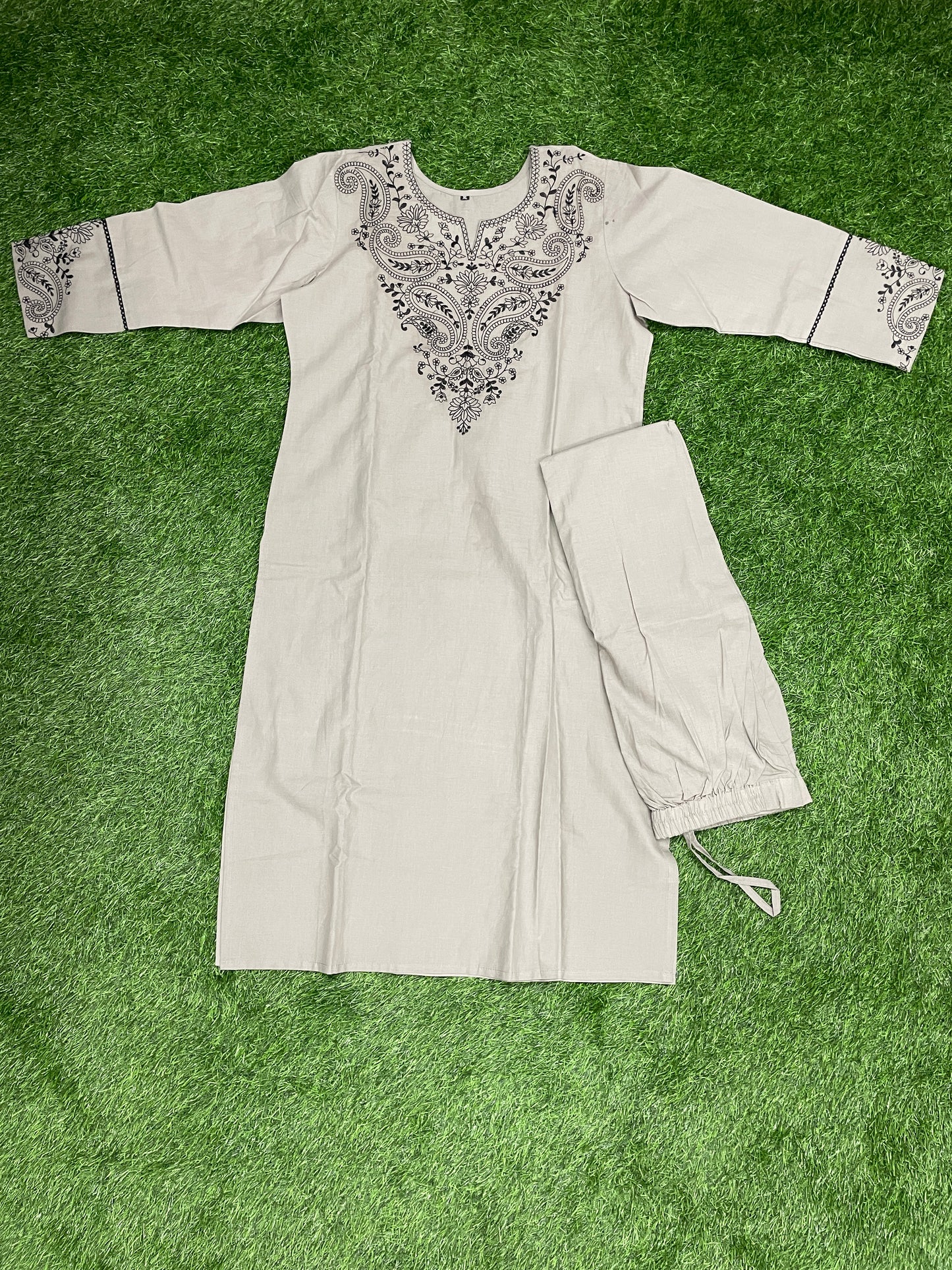 Elegant Grey Cotton Cord Set with Embroidery