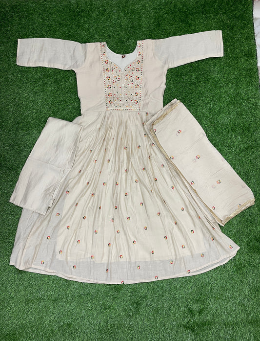 Elegant Cream Embroidered Anarkali Kurti Set with Dupatta