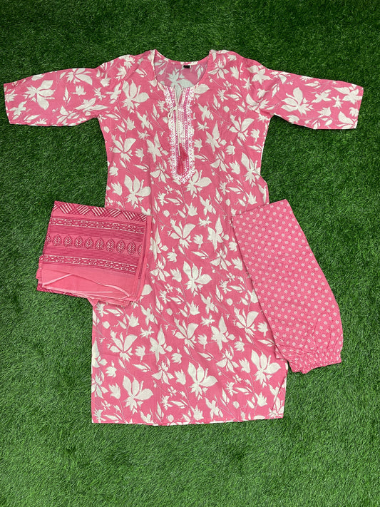 Pink Floral Cotton 3-Piece Set (Kurti, Pant & Dupatta)