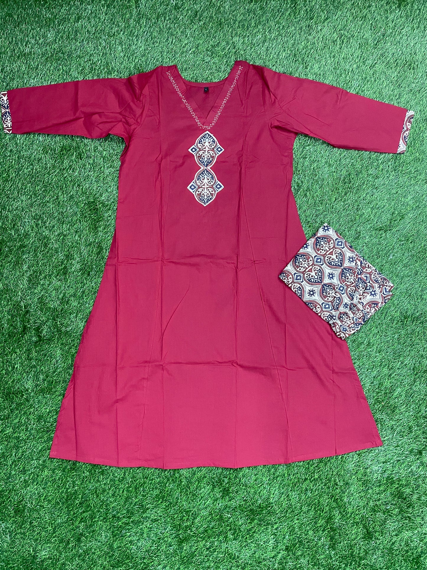 Cotton Coord Set – Maroon Top with Embroidery & Printed Pant