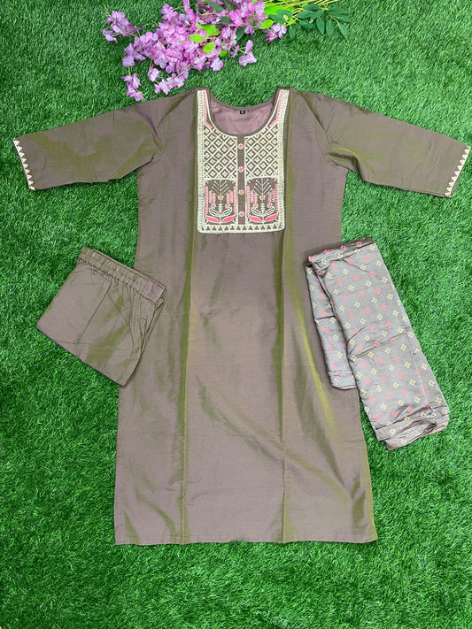 Elegant Brown Cotton-Silk Kurti Set with Embroidered Neck & Dupatta