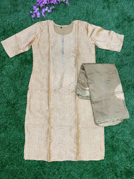 Beige Embroidered Kurti Set with Olive Dupatta