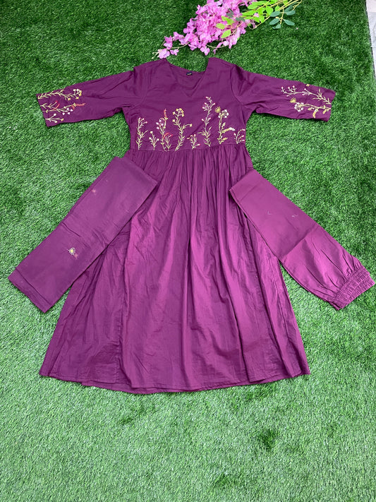 Floral Embroidered 3-Piece Suit Set – Plum Purple | Mul Mul Cotton