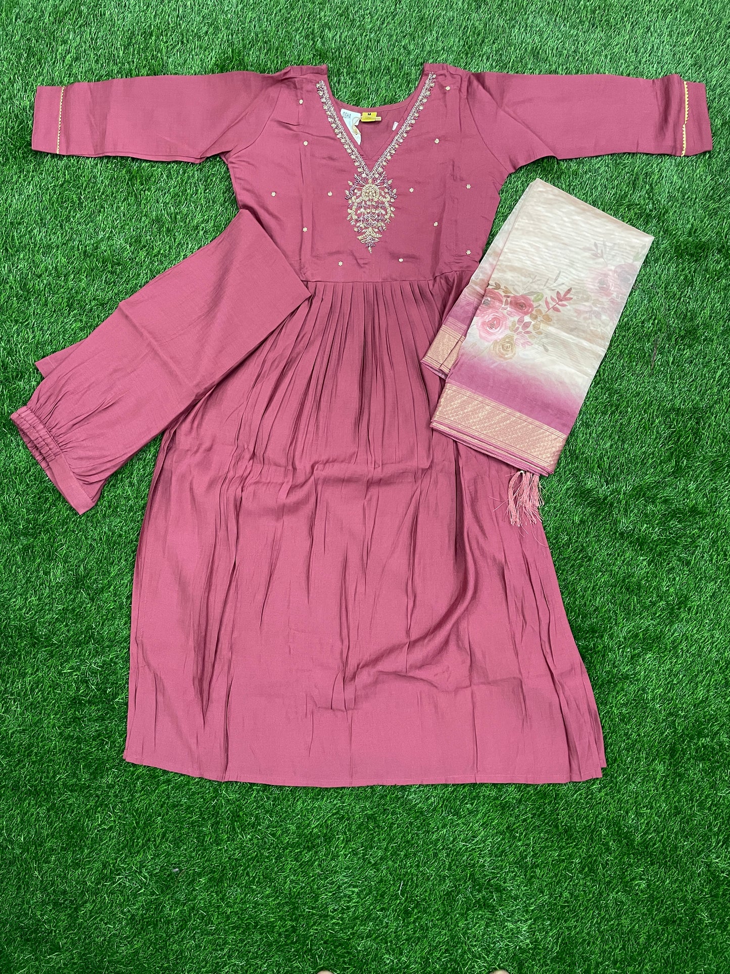 Maroon Embroidered Kurta Set with Floral Dupatta