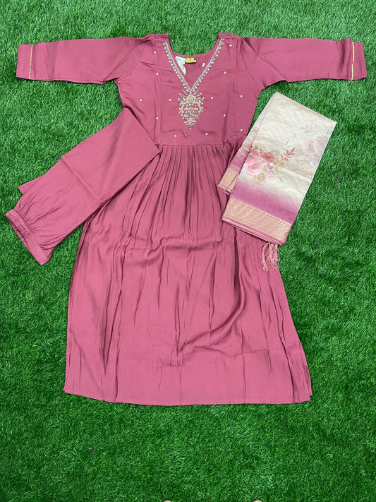 Maroon Embroidered Kurta Set with Floral Dupatta