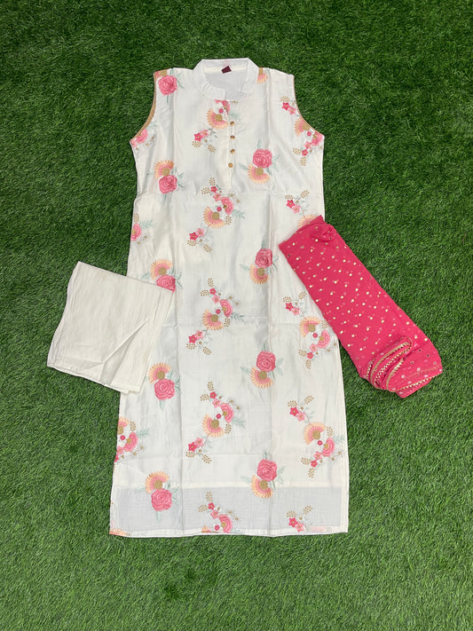 White Floral Printed Silk 3-Piece Set with Pink Dupatta