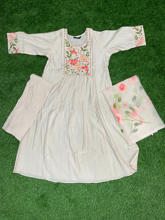 Light Peach Mul Chanderi 3-Piece Embroidered Suit Set