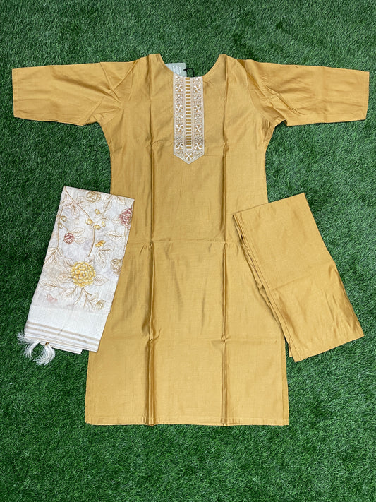 Mustard Silk 3-Piece Set with Embroidered Dupatta