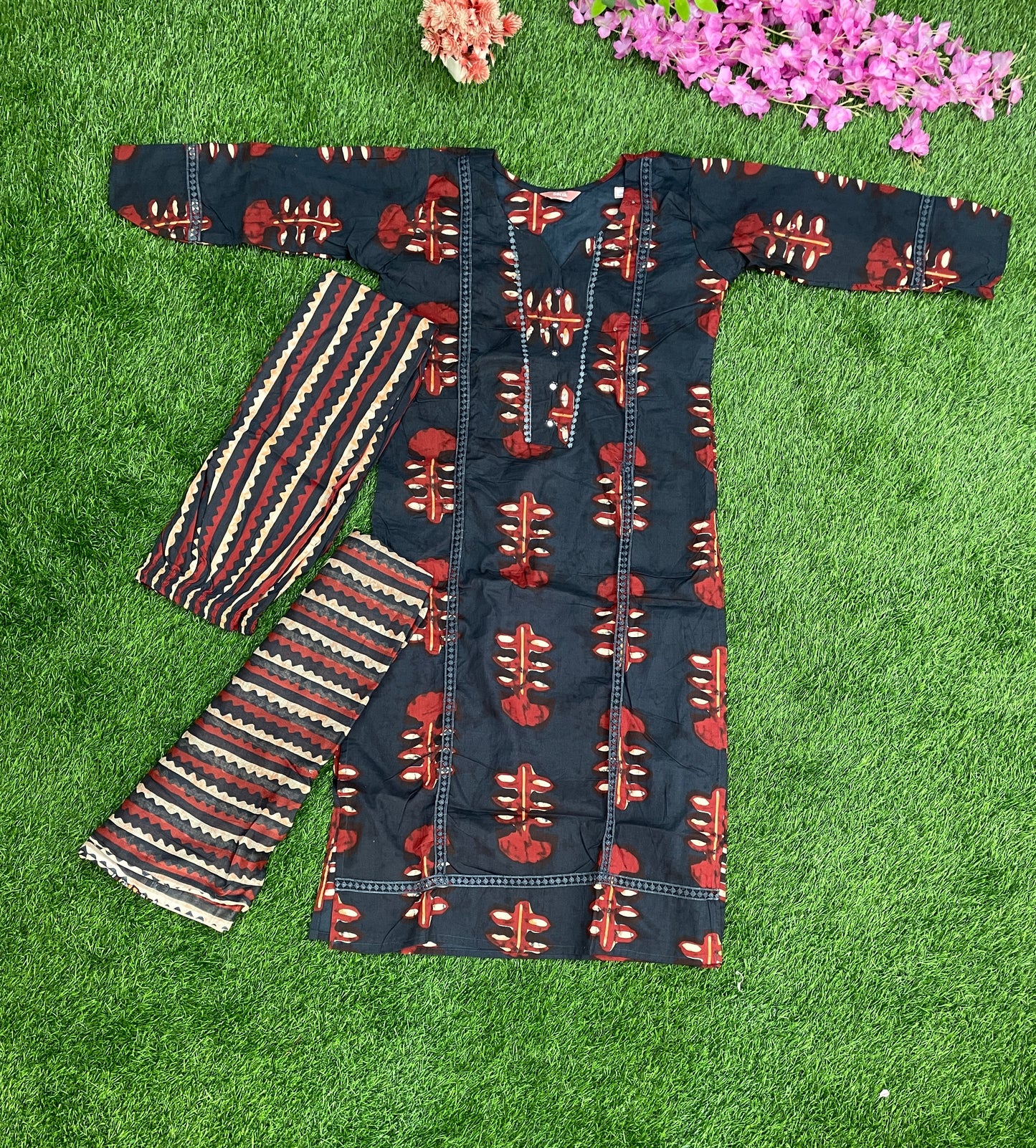 Black & Red Pure Cotton Printed 3-Piece Kurti Set