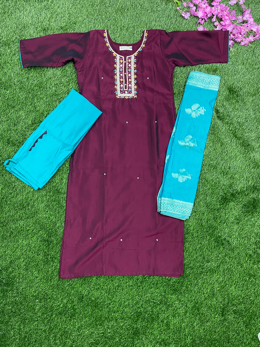 Premium Pure Silk Maroon Kurti Set with Embroidery