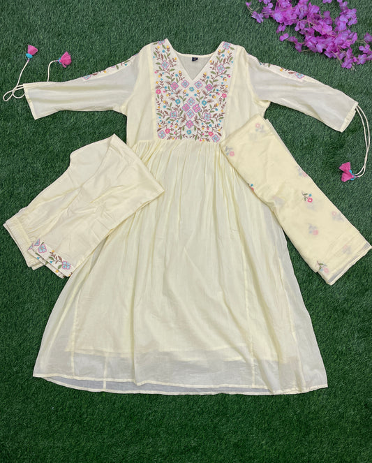 Premium Mul Mul Cotton 3-Piece Set – Cream with Embroidery