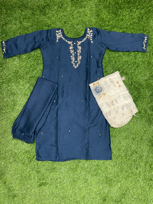 Embroidered Vichitra Silk Kurta Set with Dupatta