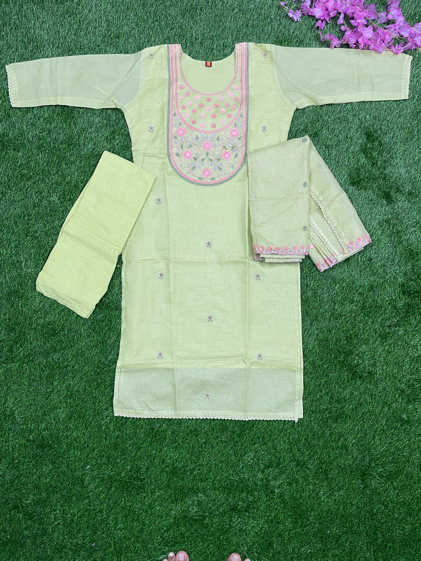Pure Cota Cotton Kurti Set with Cutwork Dupatta – Light Green