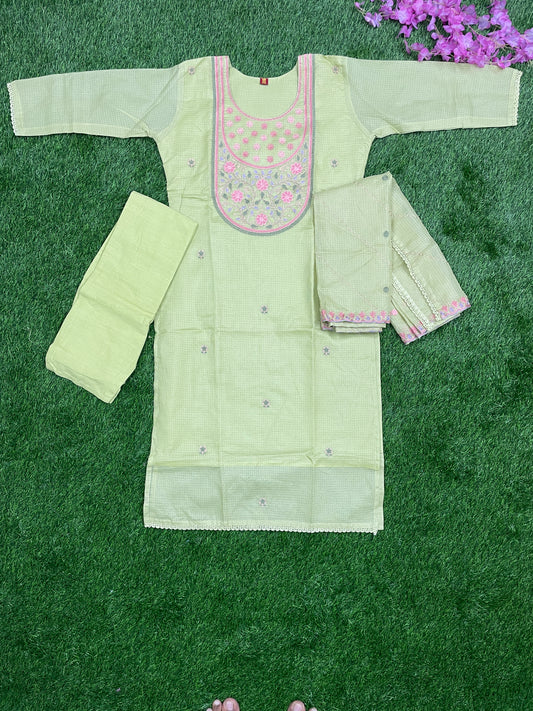 Pure Cota Cotton Kurti Set with Cutwork Dupatta – Light Green