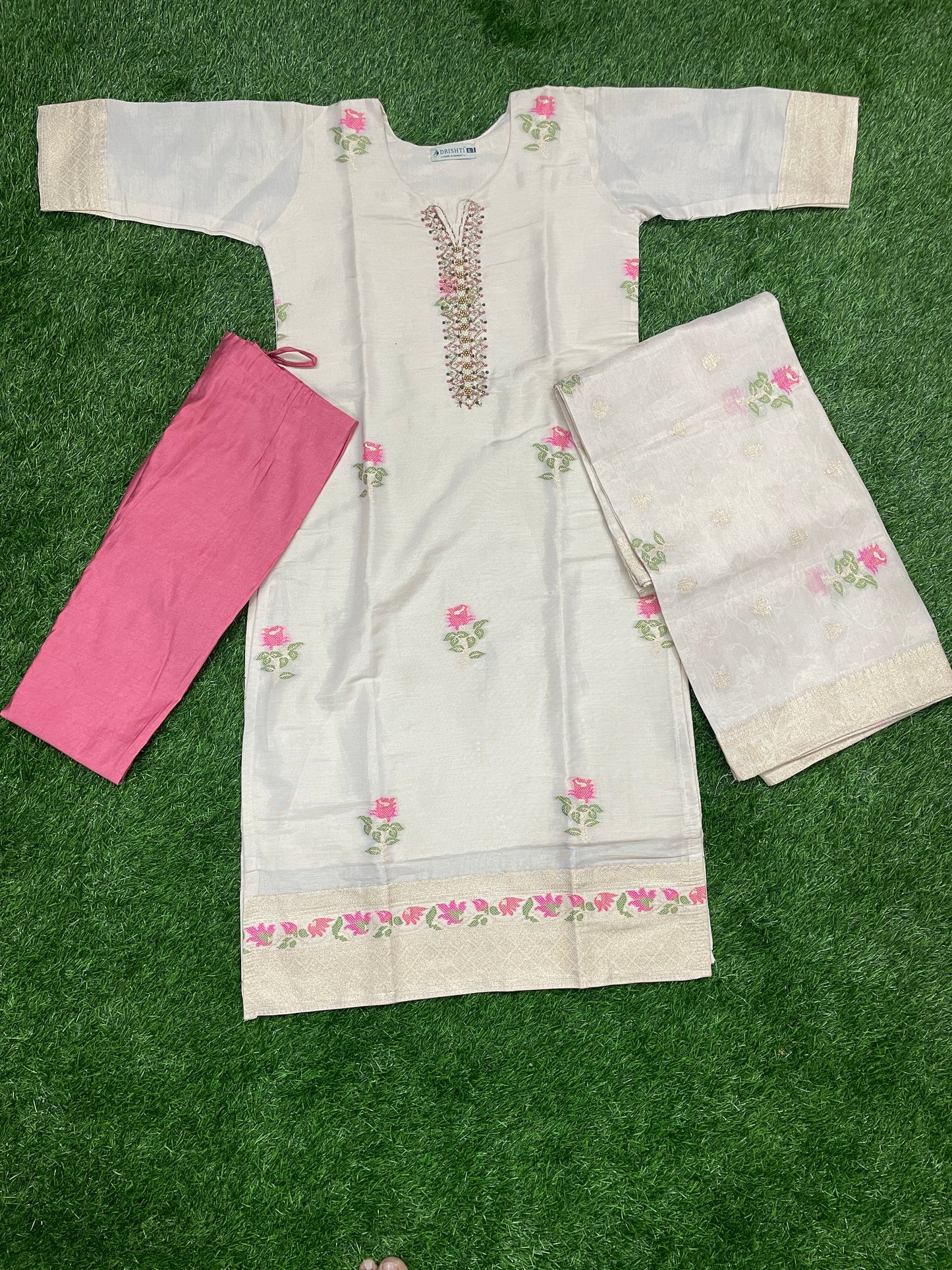 Soft Silk 3-Piece Set with Handwoven Banarasi Dupatta – Elegant Cream & Pink