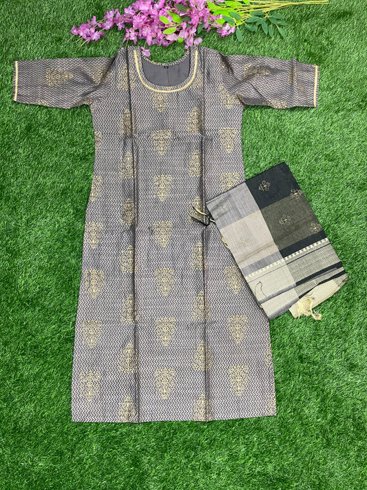 Black & Gold Printed Kurti with Dupatta – Classic Ethnic Elegance