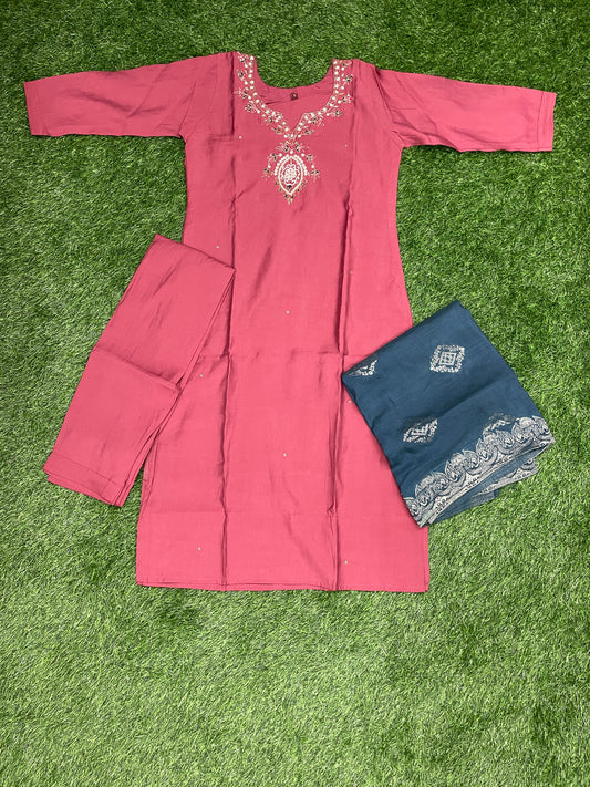 Embroidered Roman Silk Kurta Set with Dupatta