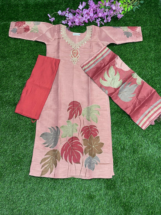 Rose Gold Leaf Motif Set – Kurti, Pant & Dupatta (Art Silk Look)