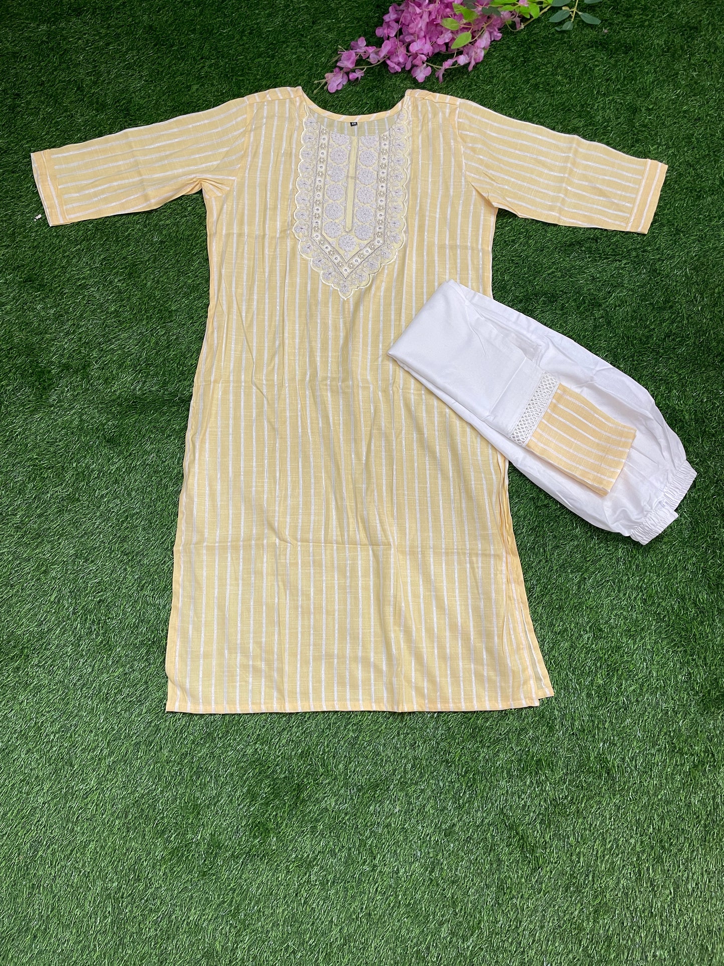 Yellow Striped Cotton Kurti Set with White Pant