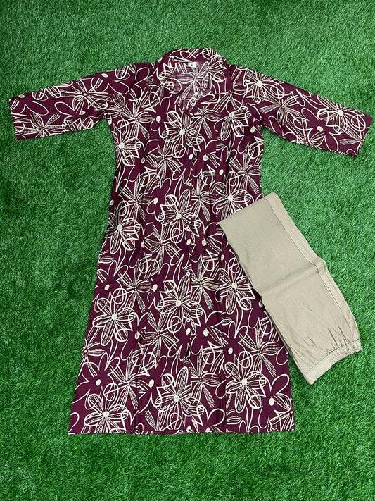 Maroon Printed Cotton Coord Set (Top & Pant)