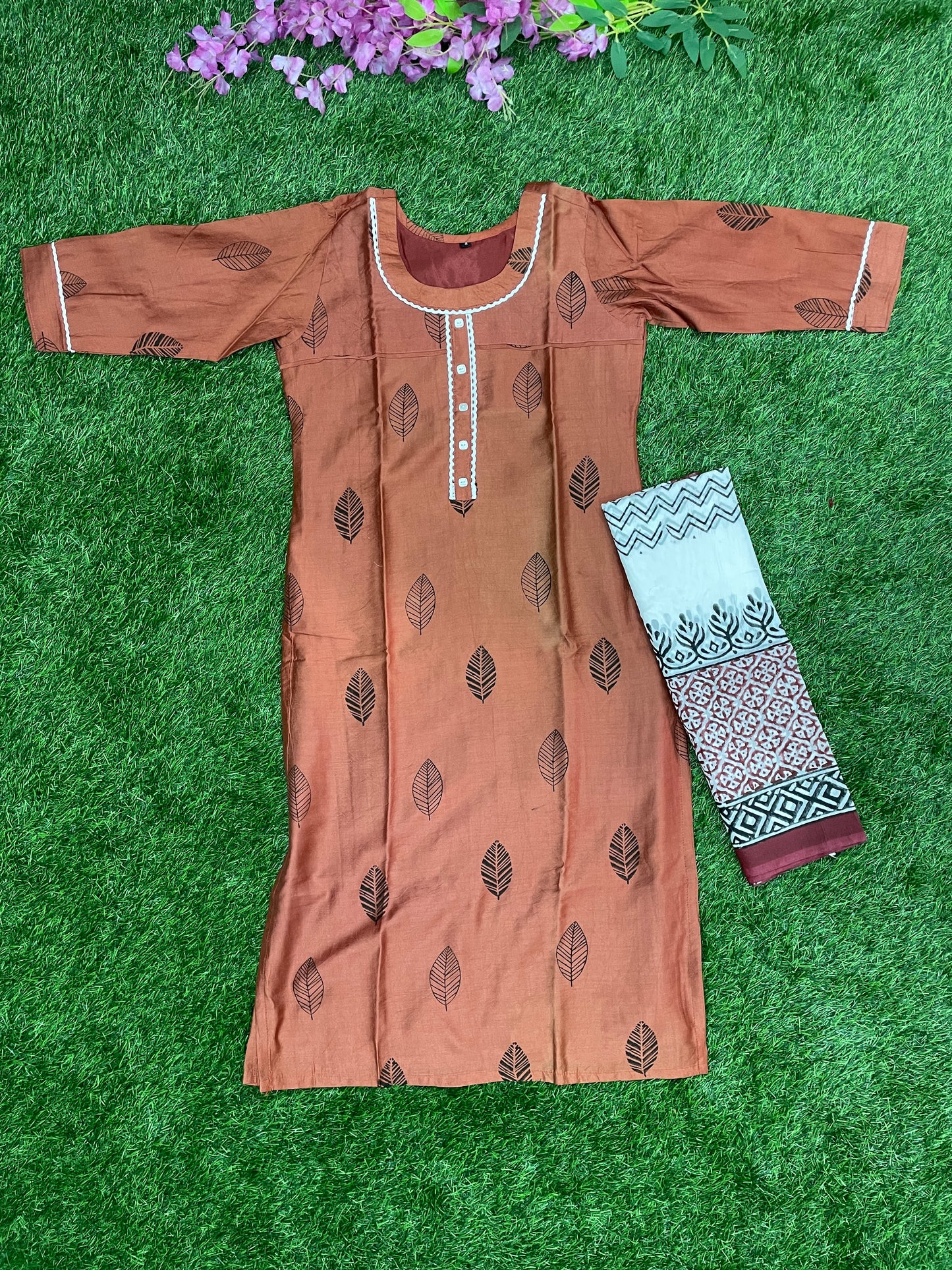 Cotton Kurti with Printed Dupatta – Rust Brown Elegance