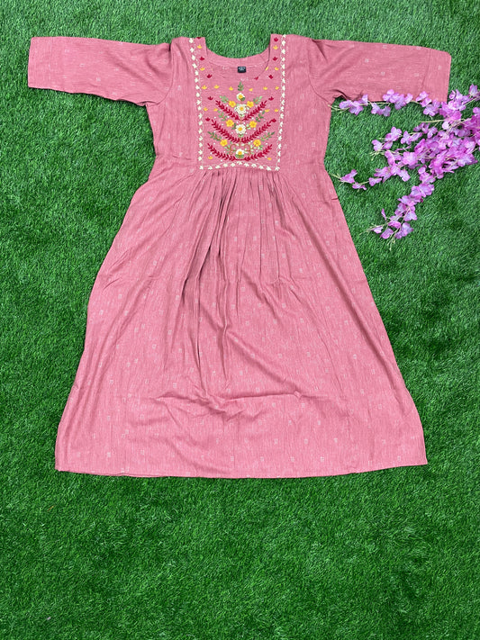 Premium Cotton Embroidered Frock – Rose Pink