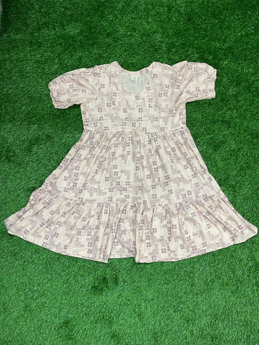 Light Beige Printed Short Frock with Puff Sleeves