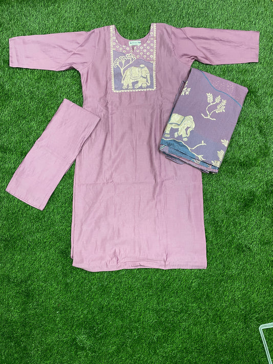 Mauve Kurta Set with Traditional Elephant Print