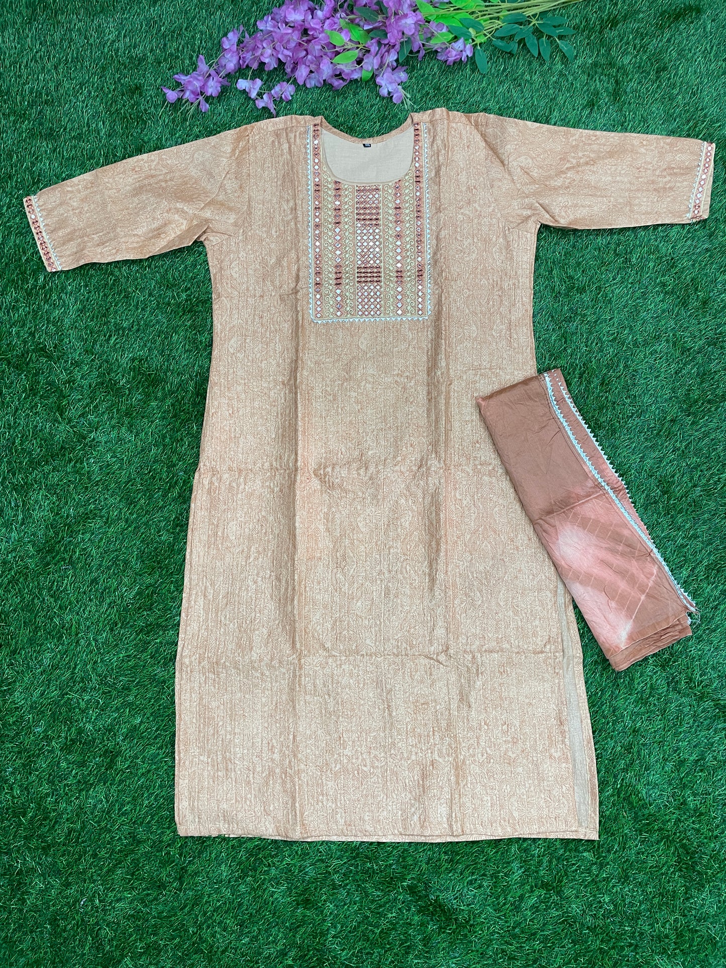 Beige Embroidered Kurti Set with Brown Dupatta