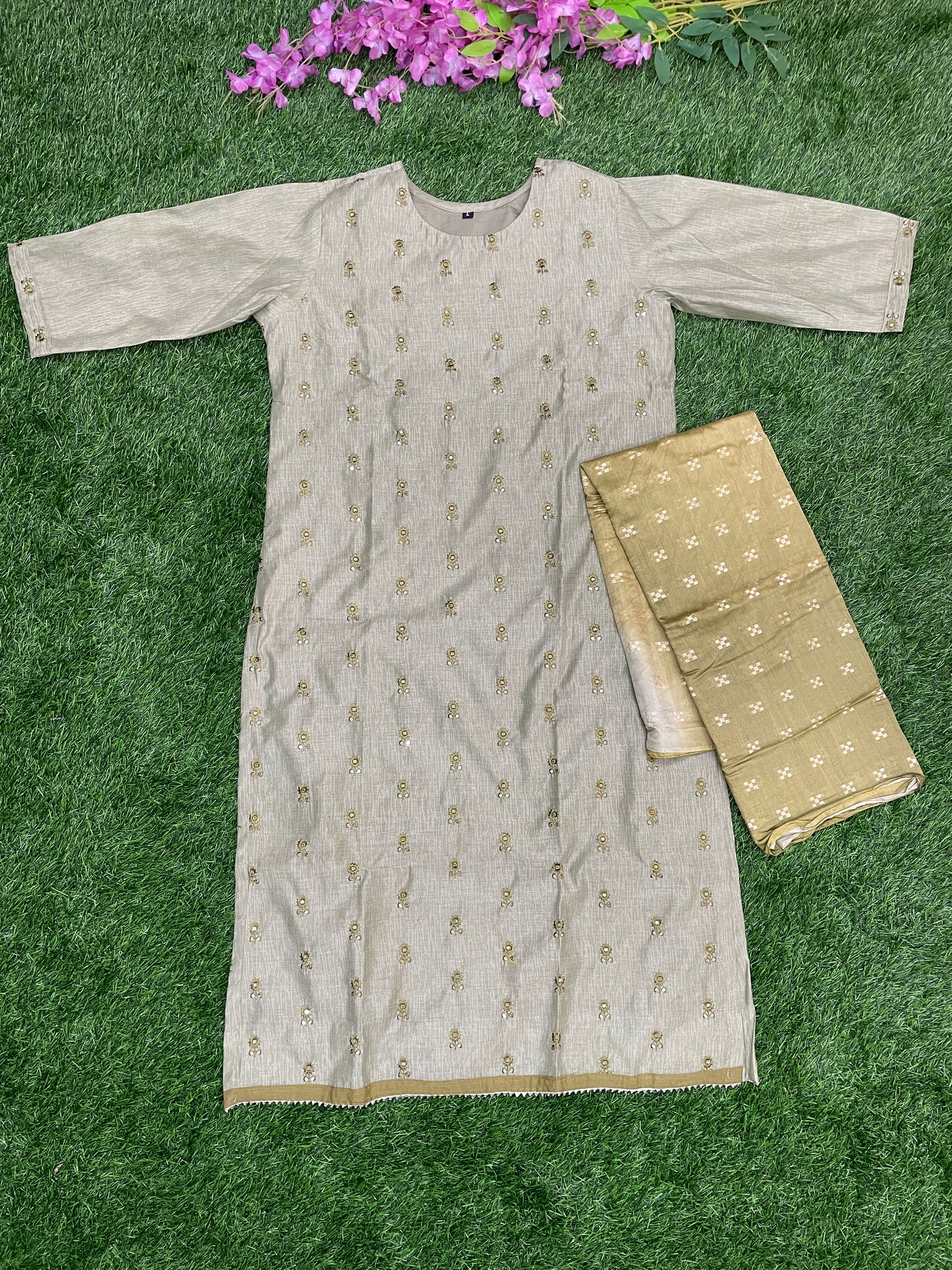 Grey Embroidered Kurti Set with Beige Dupatta