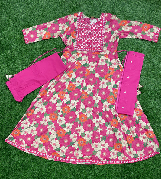 Pink Floral Pure Cotton 3-Piece Suit Set with Embroidered Yoke