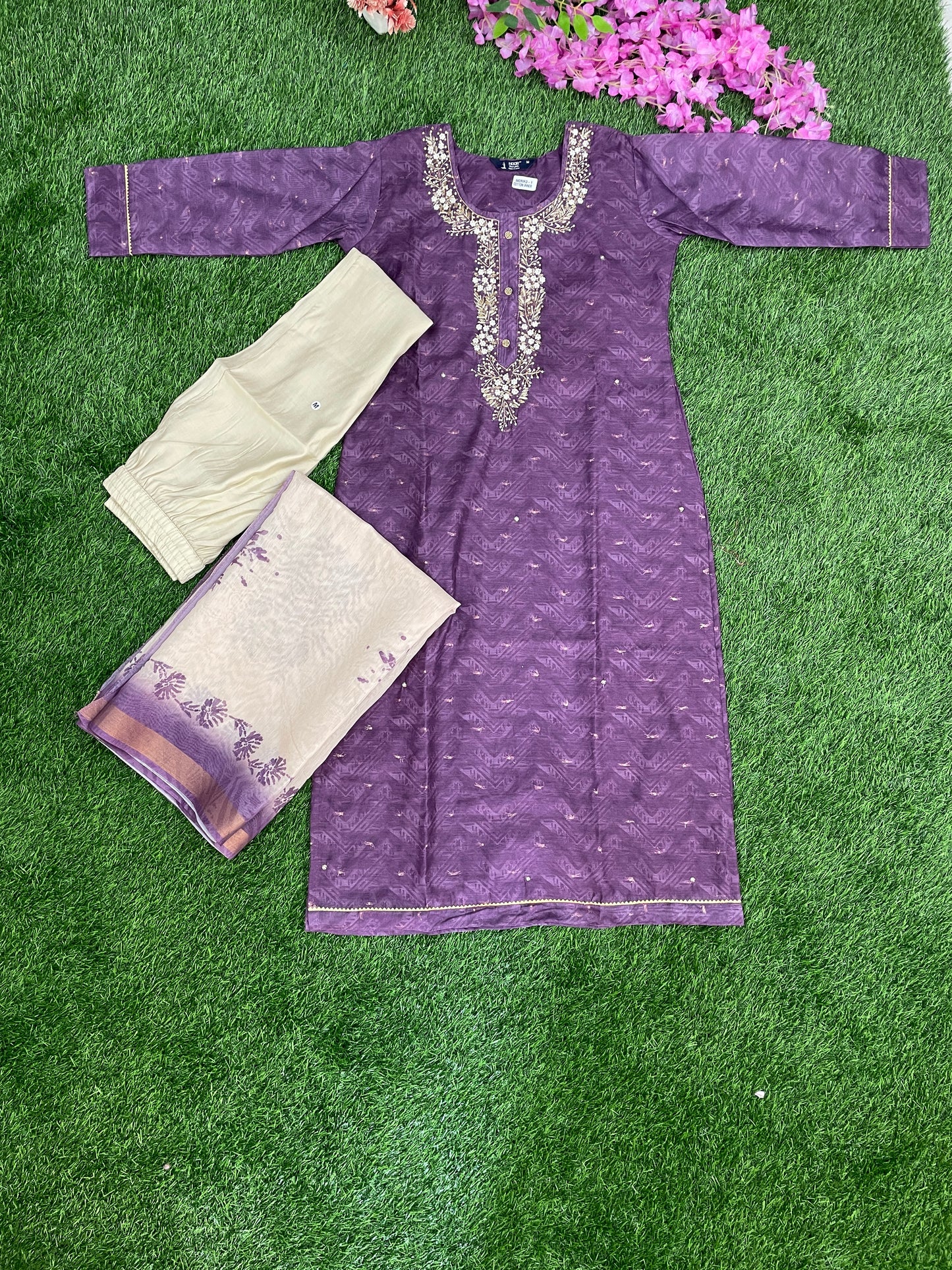 Purple Chandari Embroidered 3-Piece Suit Set
