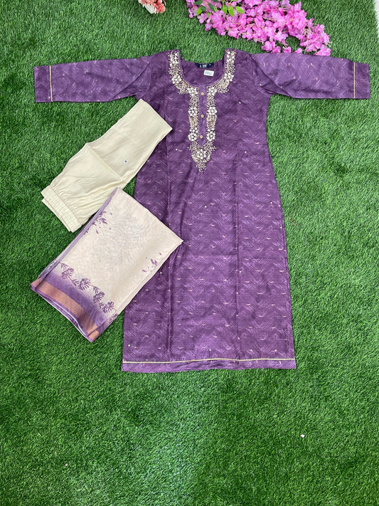 Purple Chandari Embroidered 3-Piece Suit Set